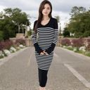 Black Large Women's Striped Knit Midi Dress with Long Sleeves and Ribbed Texture