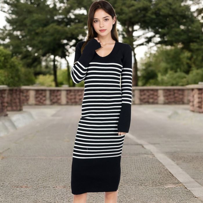 Women's Striped Knit Midi Dress with Long Sleeves and Ribbed Texture