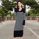 Black Large Women's Striped Knit Midi Dress with Long Sleeves and Ribbed Texture