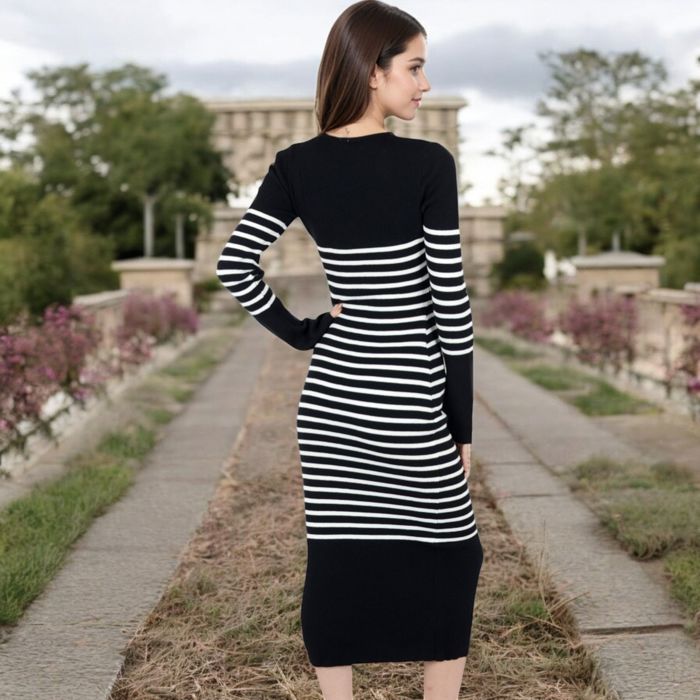 Women's Striped Knit Midi Dress with Long Sleeves and Ribbed Texture