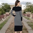 Black Large Women's Striped Knit Midi Dress with Long Sleeves and Ribbed Texture