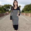 Black Large Women's Striped Knit Midi Dress with Long Sleeves and Ribbed Texture