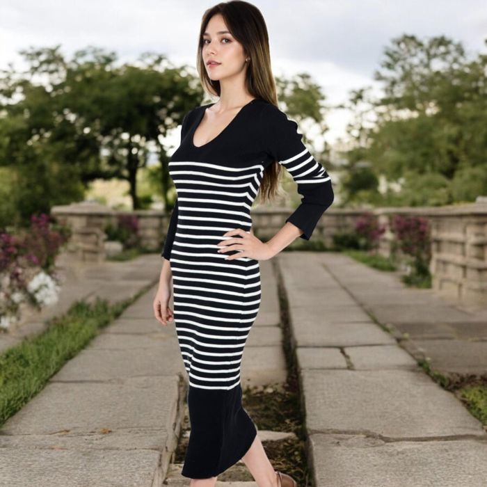 Women's Striped Knit Midi Dress with Long Sleeves and Ribbed Texture