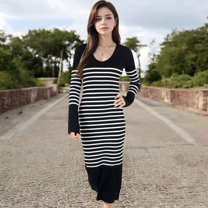 Women's Striped Knit Midi Dress with Long Sleeves and Ribbed Texture