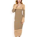 Beige Large Women's Striped Knit Midi Dress with Long Sleeves and Ribbed Texture