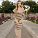 Beige Large Women's Striped Knit Midi Dress with Long Sleeves and Ribbed Texture