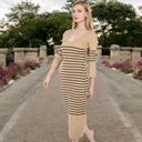 Beige Large Women's Striped Knit Midi Dress with Long Sleeves and Ribbed Texture