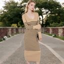 Beige Large Women's Striped Knit Midi Dress with Long Sleeves and Ribbed Texture