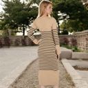 Beige Large Women's Striped Knit Midi Dress with Long Sleeves and Ribbed Texture