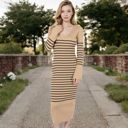 Beige Large Women's Striped Knit Midi Dress with Long Sleeves and Ribbed Texture