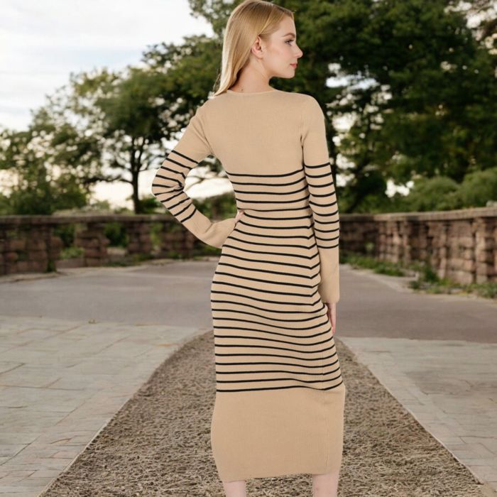 Women's Striped Knit Midi Dress with Long Sleeves and Ribbed Texture