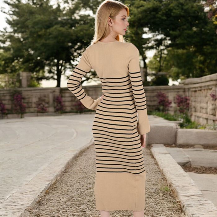 Women's Striped Knit Midi Dress with Long Sleeves and Ribbed Texture