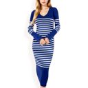 Blue Large Women's Striped Knit Midi Dress with Long Sleeves and Ribbed Texture