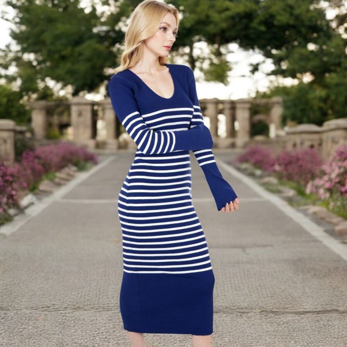 Women's Striped Knit Midi Dress with Long Sleeves and Ribbed Texture