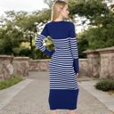 Blue Large Women's Striped Knit Midi Dress with Long Sleeves and Ribbed Texture