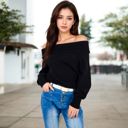 Black Large Off-Shoulder Ribbed Knit Sweater with Long Sleeves