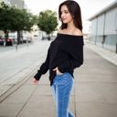 Black Large Off-Shoulder Ribbed Knit Sweater with Long Sleeves