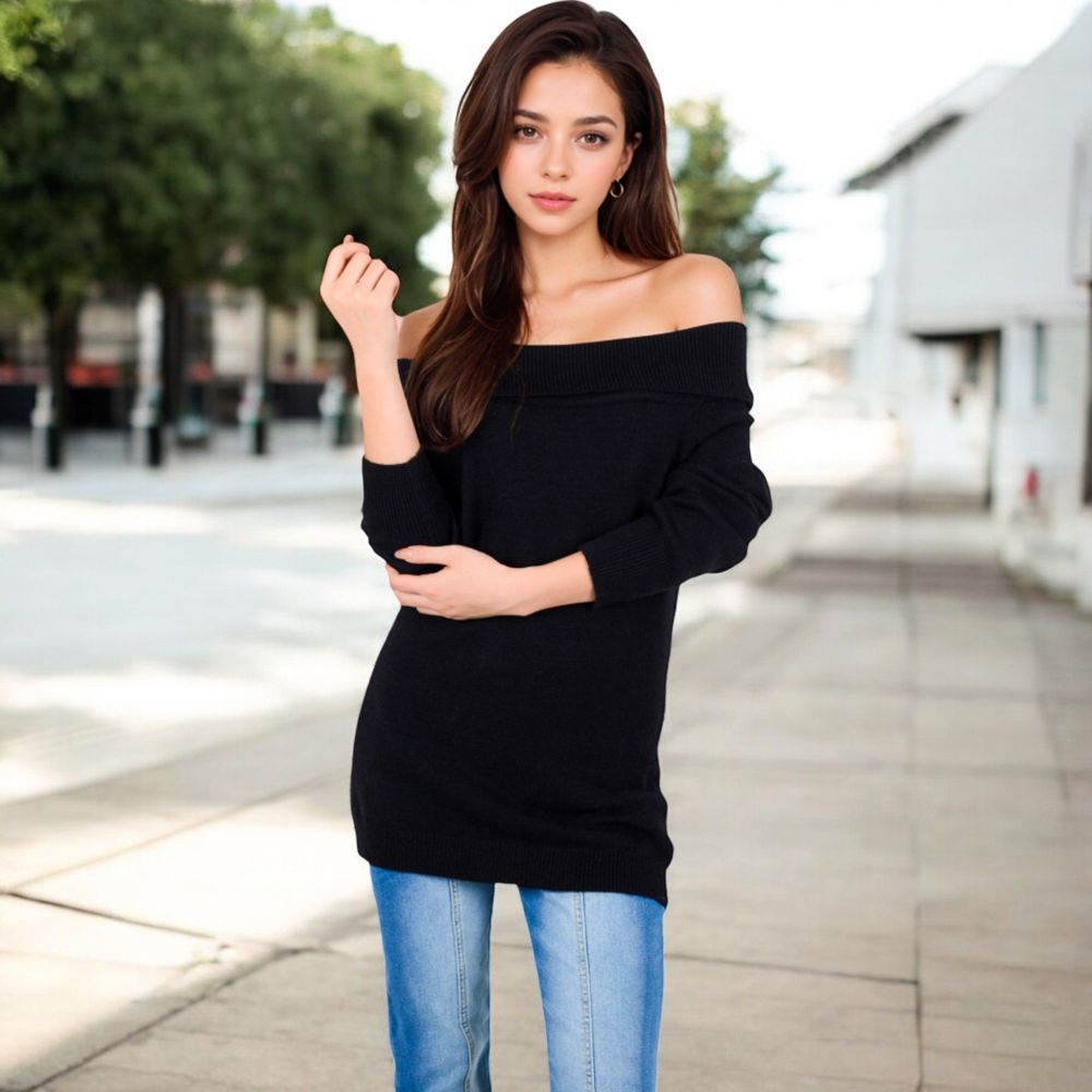 Off-Shoulder Ribbed Knit Sweater with Long Sleeves