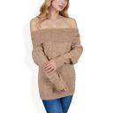 Beige Large Off-Shoulder Ribbed Knit Sweater with Long Sleeves