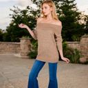 Beige Large Off-Shoulder Ribbed Knit Sweater with Long Sleeves