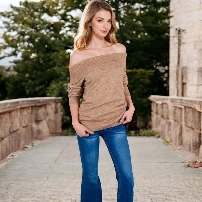 Off-Shoulder Ribbed Knit Sweater with Long Sleeves