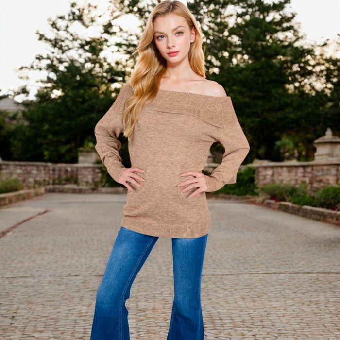 Off-Shoulder Ribbed Knit Sweater with Long Sleeves