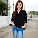 Black Large Long Sleeve Sweater with V-Neckline and Lace Trim Detail