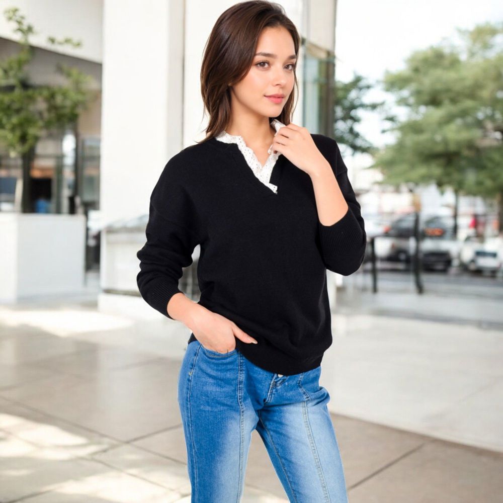 Long Sleeve Sweater with V-Neckline and Lace Trim Detail