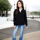 Black Large Long Sleeve Sweater with V-Neckline and Lace Trim Detail