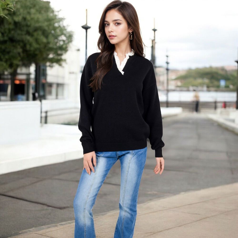 Long Sleeve Sweater with V-Neckline and Lace Trim Detail