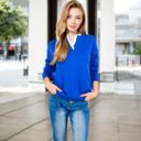 Blue Large Long Sleeve Sweater with V-Neckline and Lace Trim Detail