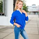 Blue Large Long Sleeve Sweater with V-Neckline and Lace Trim Detail