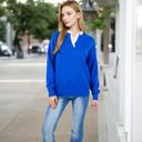 Blue Large Long Sleeve Sweater with V-Neckline and Lace Trim Detail