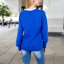 Blue Large Long Sleeve Sweater with V-Neckline and Lace Trim Detail