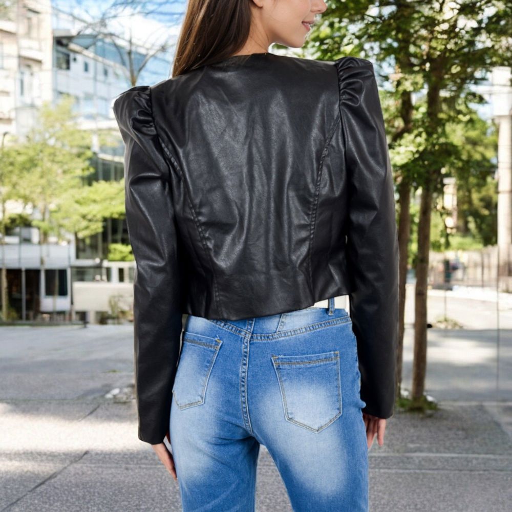 Cropped Faux Leather Jacket with Puff Shoulder Detail