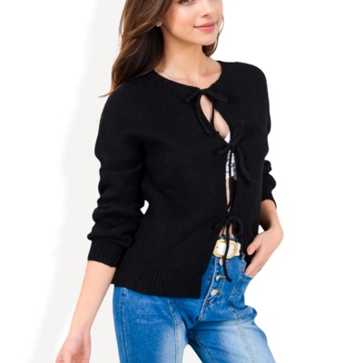 Tie Front Knit Cardigan with Long Sleeves and Open Front Design