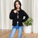 Black Large Tie Front Knit Cardigan with Long Sleeves and Open Front Design