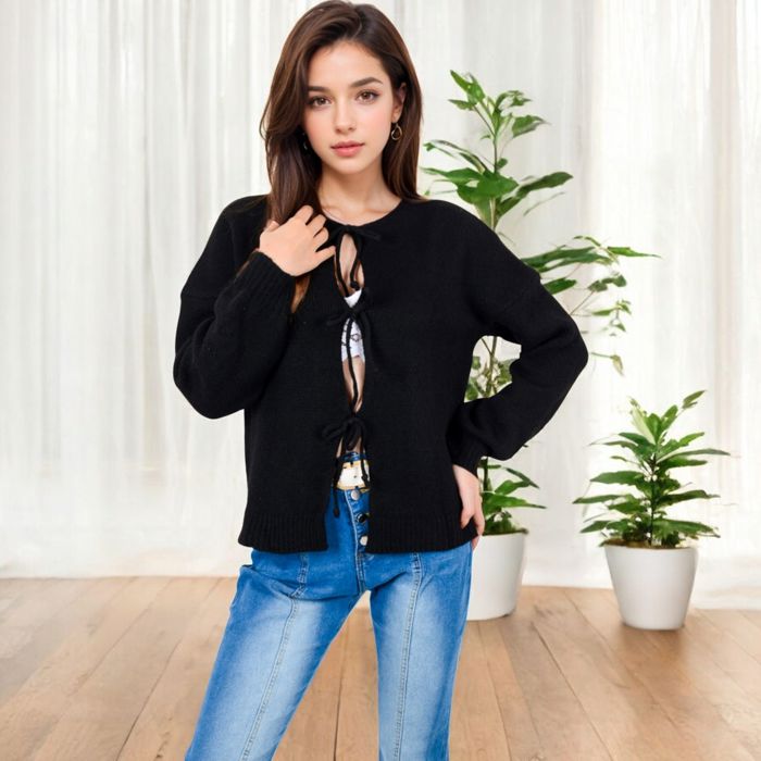 Tie Front Knit Cardigan with Long Sleeves and Open Front Design