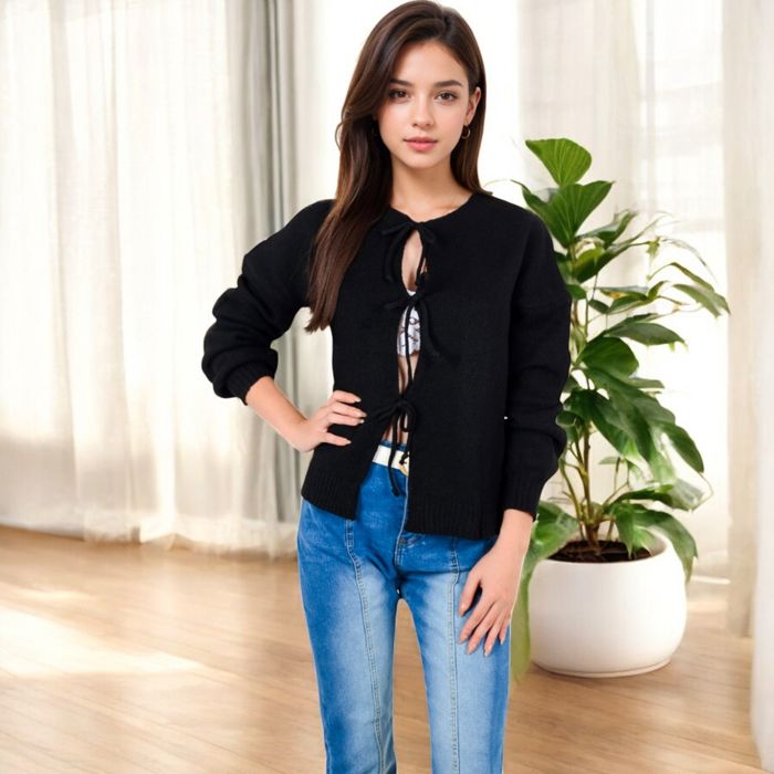 Tie Front Knit Cardigan with Long Sleeves and Open Front Design