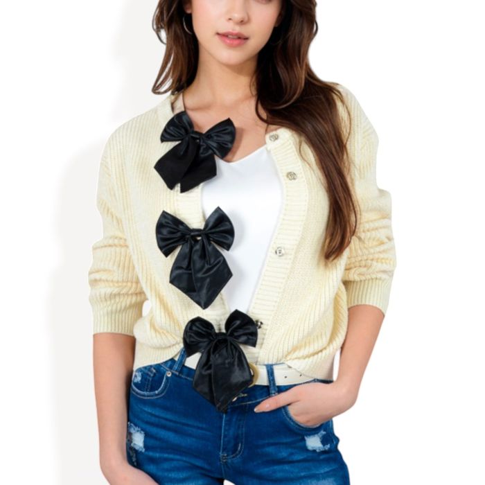 Open Front Cardigan with Bow Detail and Relaxed Fit