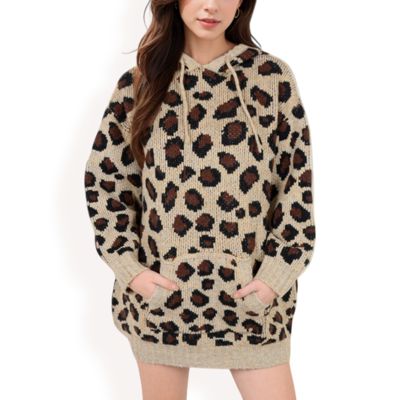 Women's Leopard Print Knit Hoodie Dress with Front Pocket