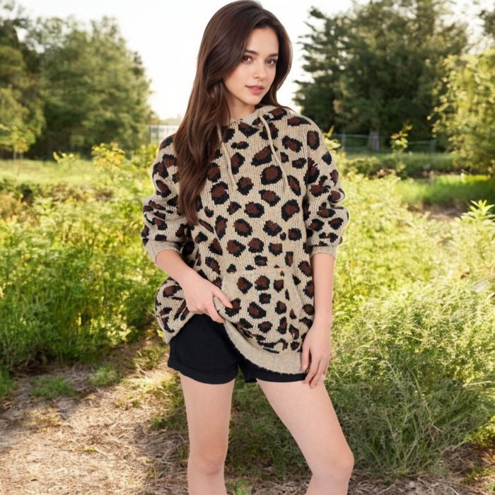 Women's Leopard Print Knit Hoodie Dress with Front Pocket