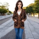 Brown Large V-Neck Button-Down Cardigan with Front Pockets and Relaxed Fit