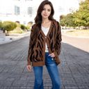 Brown Large V-Neck Button-Down Cardigan with Front Pockets and Relaxed Fit