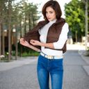 Brown Large Zip-Up Puff Vest Jacket with Cozy Design and Warmth