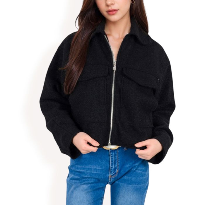 Women's Zip-Up Collared Jacket with Front Flap Pockets