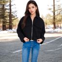 Black Large Women's Zip-Up Collared Jacket with Front Flap Pockets