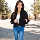 Black Small Women's Zip-Up Collared Jacket with Front Flap Pockets