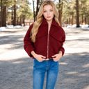 Red Large Women's Zip-Up Collared Jacket with Front Flap Pockets