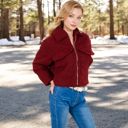 Red Large Women's Zip-Up Collared Jacket with Front Flap Pockets